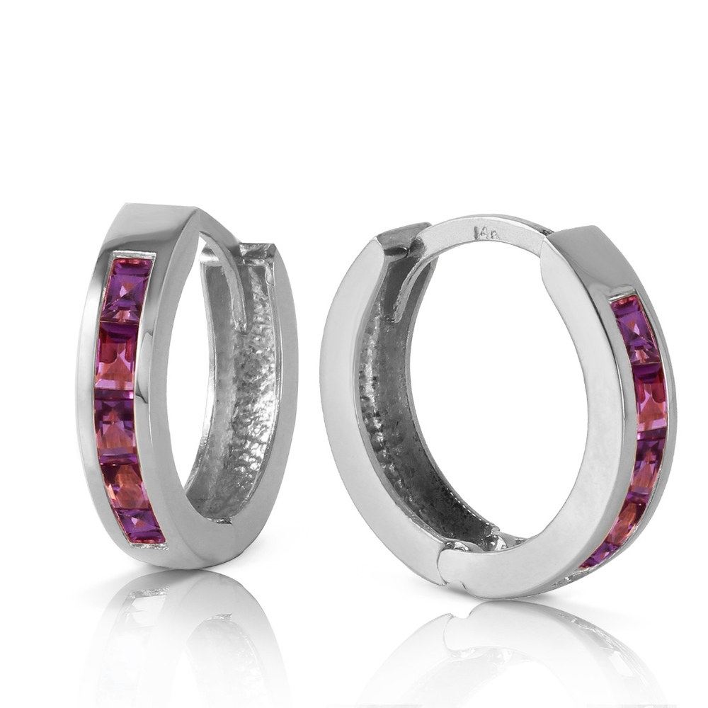 14K. SOLID GOLD HOOP HUGGIE EARRING WITH AMETHYSTS - Picture 2 of 4